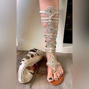 Shimmery Gold Bejeweled Gladiator Sandals